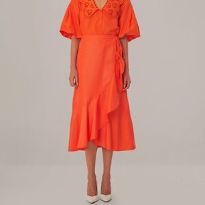 NWT FARM Rio Vivid Orange Wrap Midi Skirt SIZE S